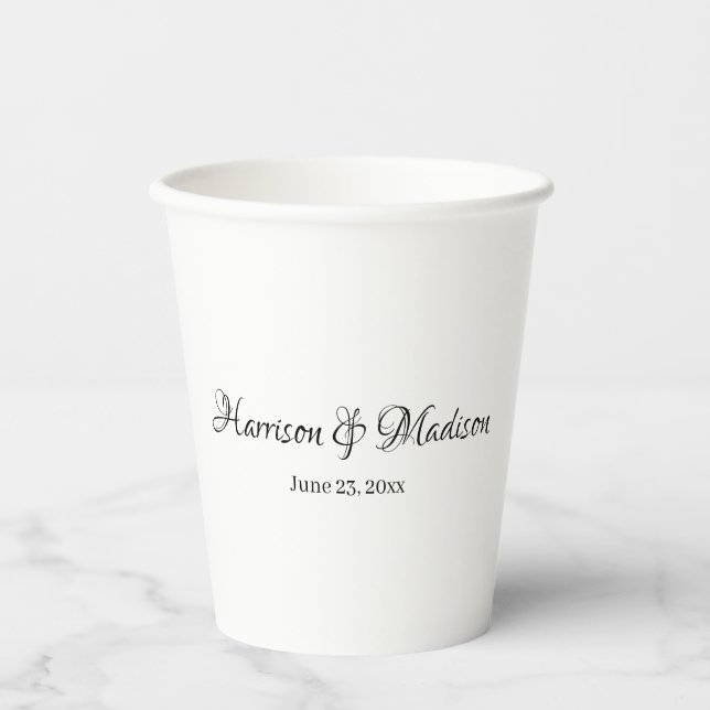 Elegant black script couple name date Wedding Paper Cups (Front)