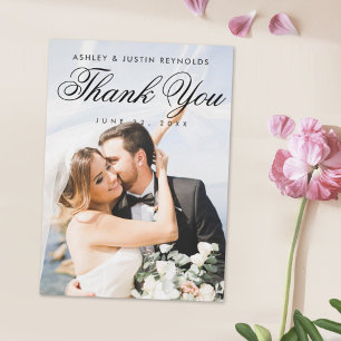 Elegant Black Script Custom Full Photo Wedding Thank You Card
