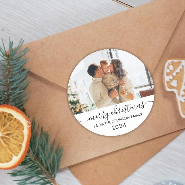 Elegant Black Script Family Photo Merry Christmas Classic Round Sticker (Creator Uploaded)