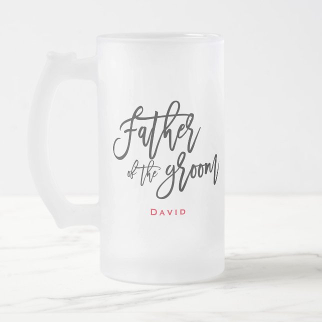 Elegant Black Script Father of the Groom Name Gift Frosted Glass Beer Mug (Left)