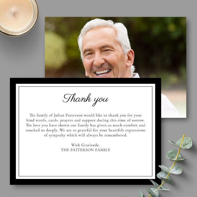 Elegant Black Script Funeral Photo Thank You Card (Creator Uploaded)