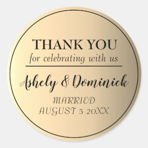 Elegant Black Script Gold Thank You Wedding Favour Classic Round Sticker