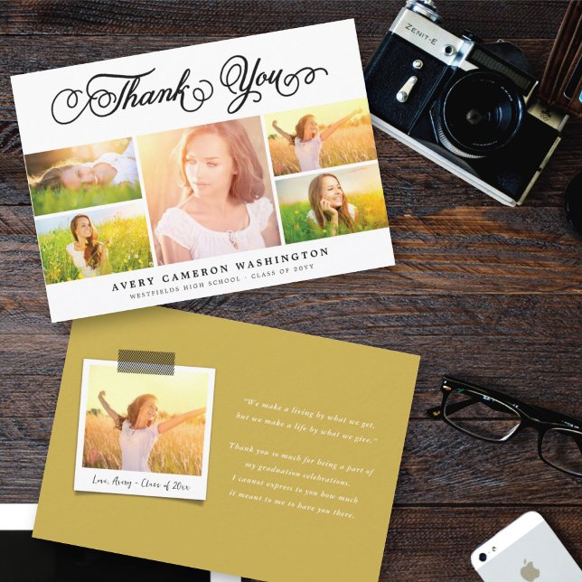 Elegant Black Script Graduation 5 Photo Collage Thank You Card (Creator Uploaded)