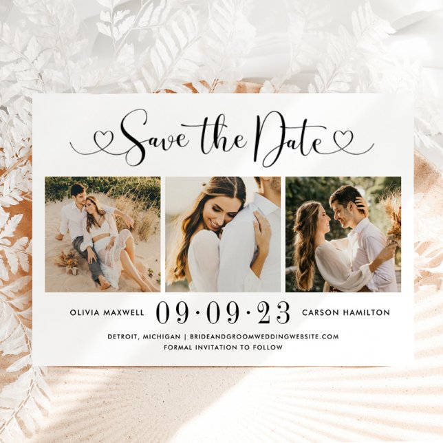 Elegant Black Script Heart Photo Collage Wedding Save The Date (Creator Uploaded)