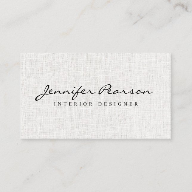 Elegant black script logo chic modern beige linen business card (Front)