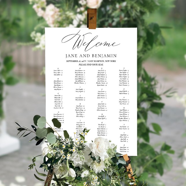 Elegant Black Script Minimal Wedding Seating Chart (This simple, minimalist seating chart features a handwritten calligraphy script.)