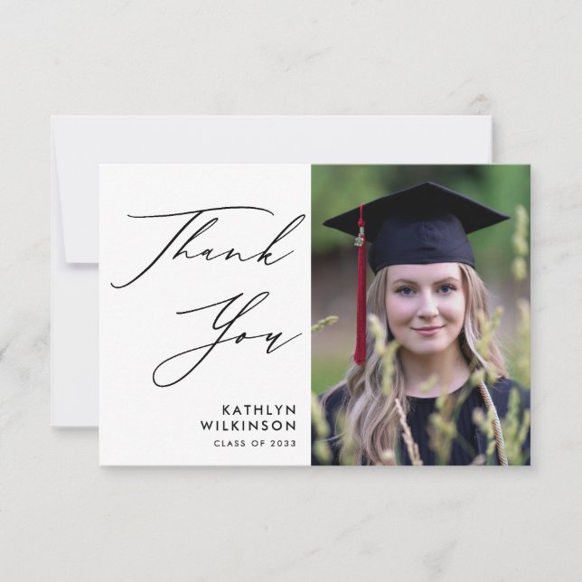 Elegant Black Script Minimalist Photo Graduation Thank You Card (Front)
