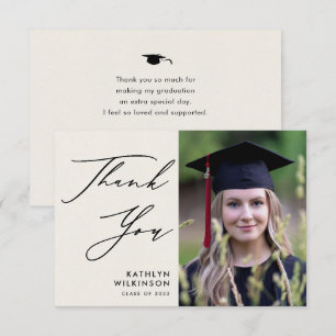 Elegant Black Script Minimalist Photo Graduation Thank You Card