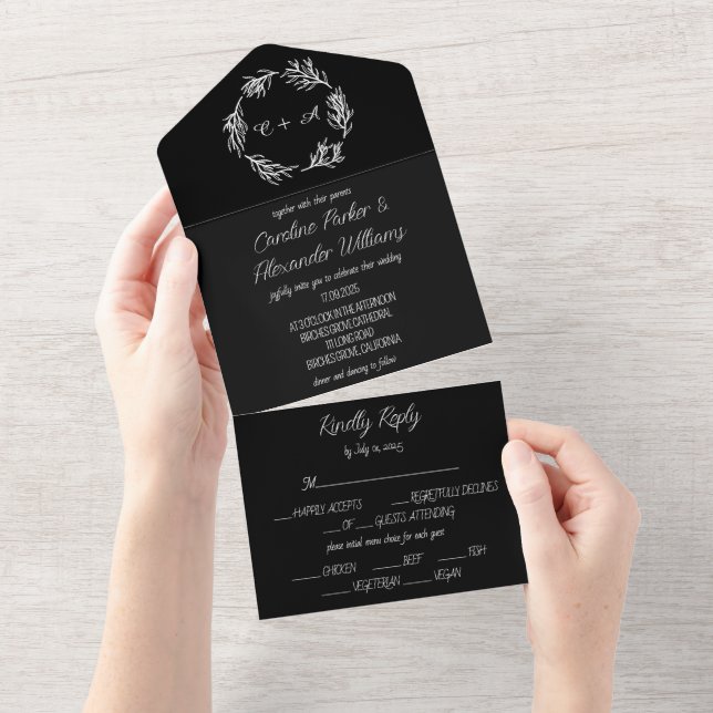 Elegant Black Script Modern Unique RSVP All In One All In One Invitation (Tearaway)