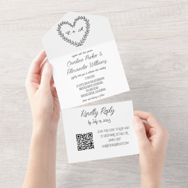 Elegant Black Script Modern Unique RSVP QR Code All In One Invitation (Tearaway)