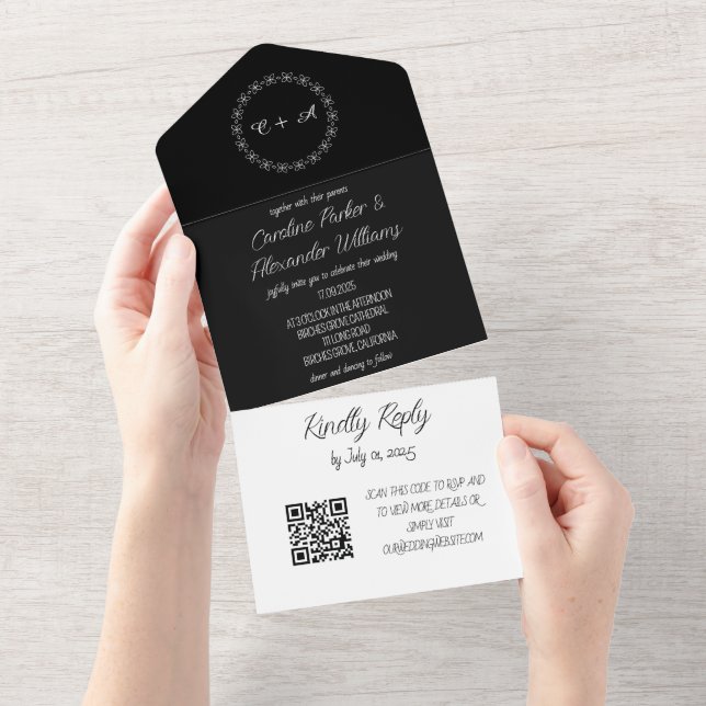 Elegant Black Script Modern Unique RSVP QR Code All In One Invitation (Tearaway)