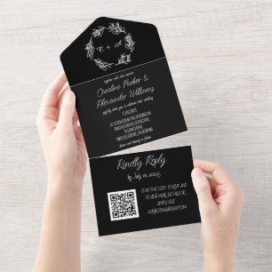 Elegant Black Script Modern Unique RSVP QR Code All In One Invitation