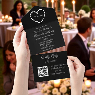 Elegant Black Script Modern Unique RSVP QR Code All In One Invitation