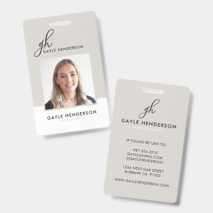 Elegant Black Script Monogram Logo Photo Makeup ID Badge