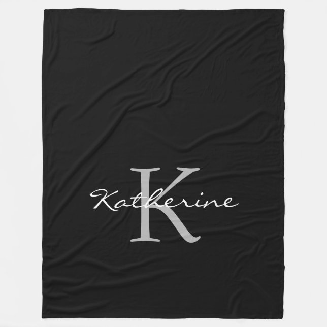 Elegant Black Script Monogram Personalised Name Fleece Blanket (Front)