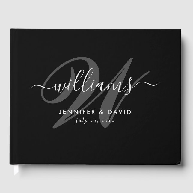 Elegant Black Script Monogram Wedding Guest Book (Front)