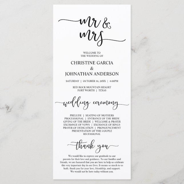Elegant Black Script, Mr and Mrs, Wedding Ceremony Programme (Front)