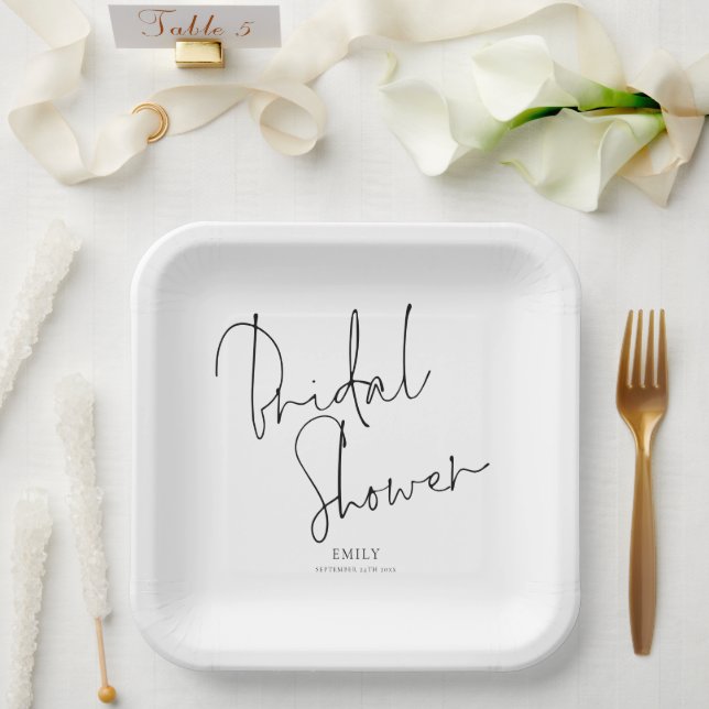 Elegant Black Script Name Bridal Shower Paper Plate (Wedding)