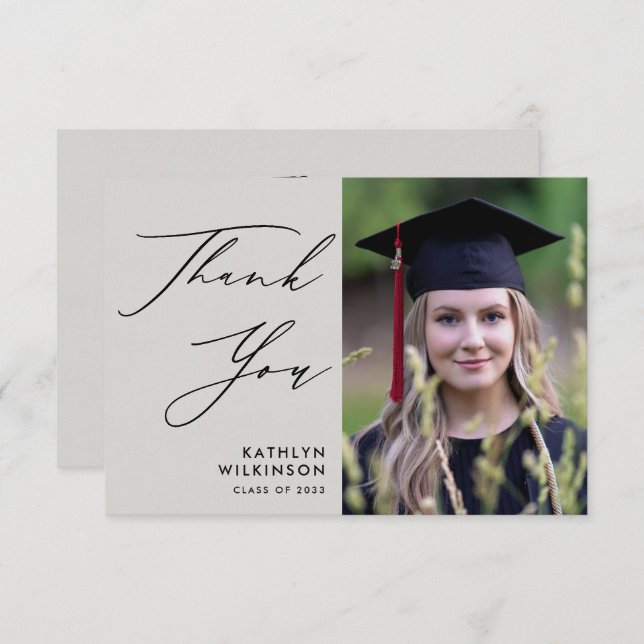 Elegant Black Script on Grey Photo Graduation Thank You Card (Front/Back)