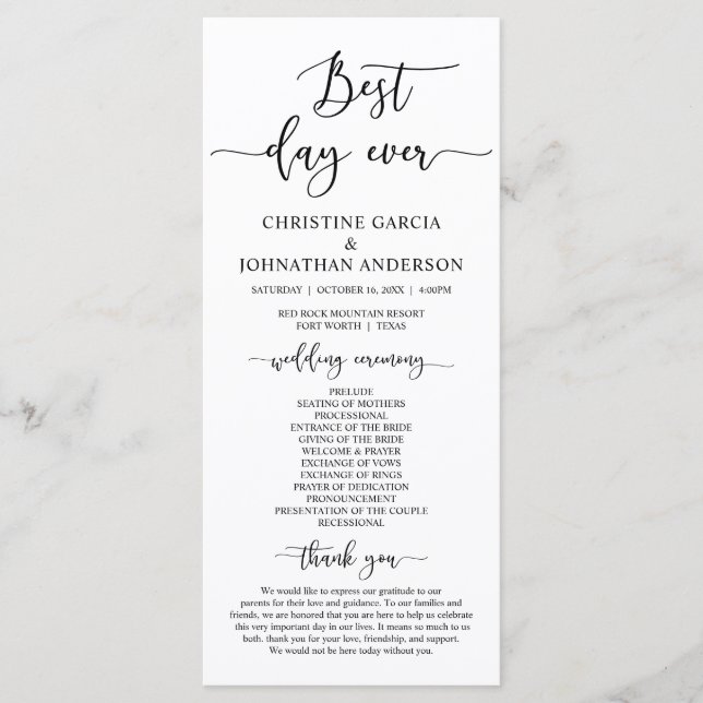 Elegant Black Script, Our Wedding Ceremony Program Programme (Front)