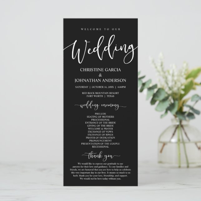 Elegant Black Script, Our Wedding Ceremony Program Programme (Standing Front)