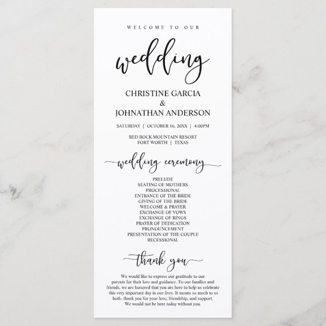 Elegant Black Script, Our Wedding Ceremony Programme (Front)