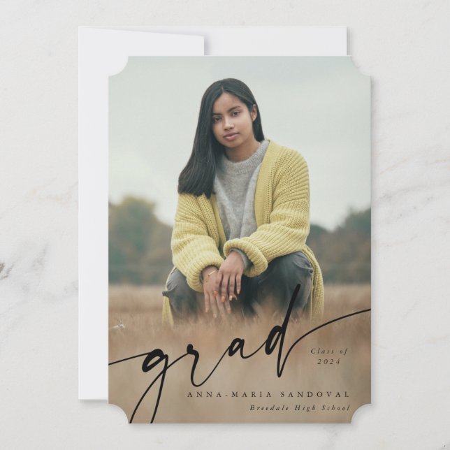 Elegant Black Script Overlay Two Photo Graduation Announcement (Front)