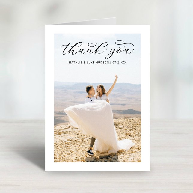 Elegant Black Script Personalised Wedding Photo Thank You Card (Creator Uploaded)