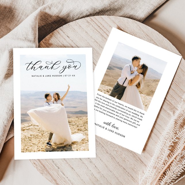 Elegant Black Script Personalised Wedding Photo Thank You Card (Creator Uploaded)