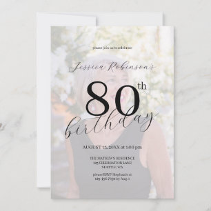 Elegant Black Script Photo Eightieth Birthday Invitation