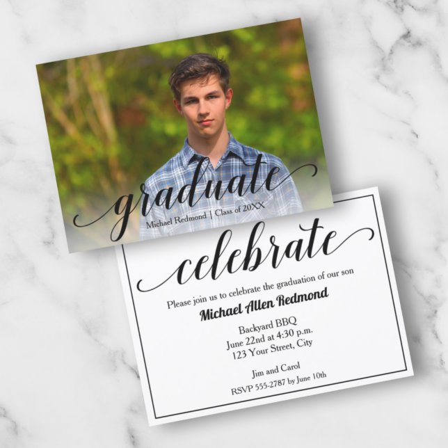 Elegant Black Script Photo Graduation Party Invitation (Creator Uploaded)