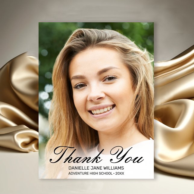 Elegant Black Script Photo Graduation Thank You Card (Modern Photo Black Script Graduation Thank You Card)