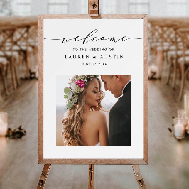 Elegant Black Script Photo Wedding Welcome Sign (Creator Uploaded)