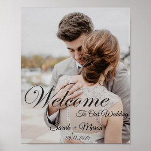 Elegant Black Script Photo Wedding Welcome Sign