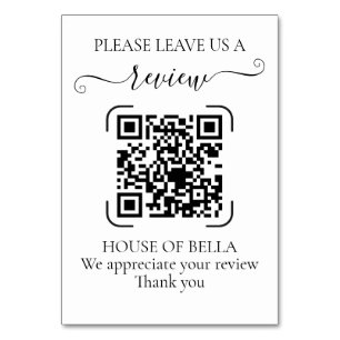 Elegant Black Script QR Code Business Review Table Number