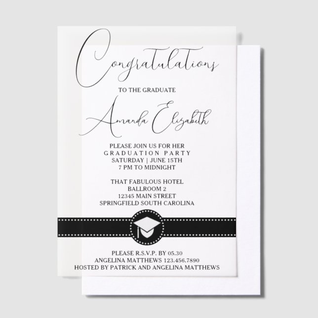 Elegant Black Script Stylish Graduation Party Vellum Invitations (Offset)