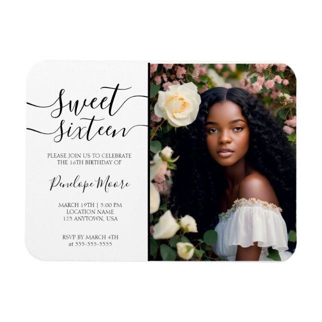 Elegant Black Script Sweet 16 Birthday Photo Magnet (Horizontal)