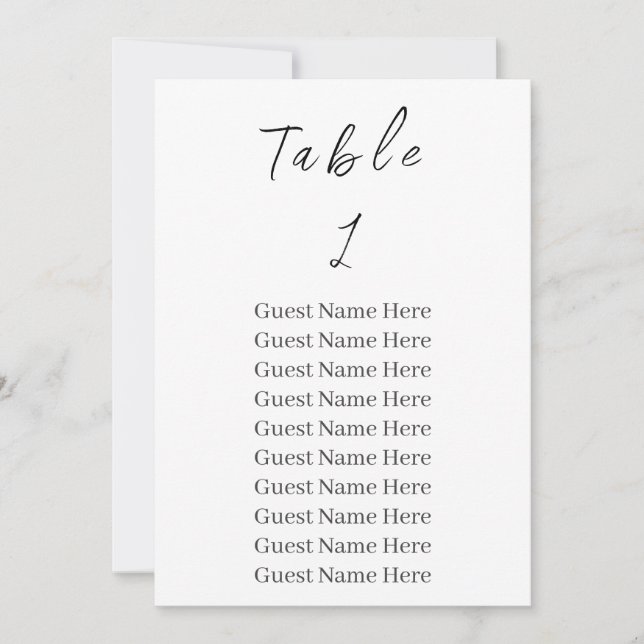 Elegant Black Script Table Number 1 Seating Chart  (Front)