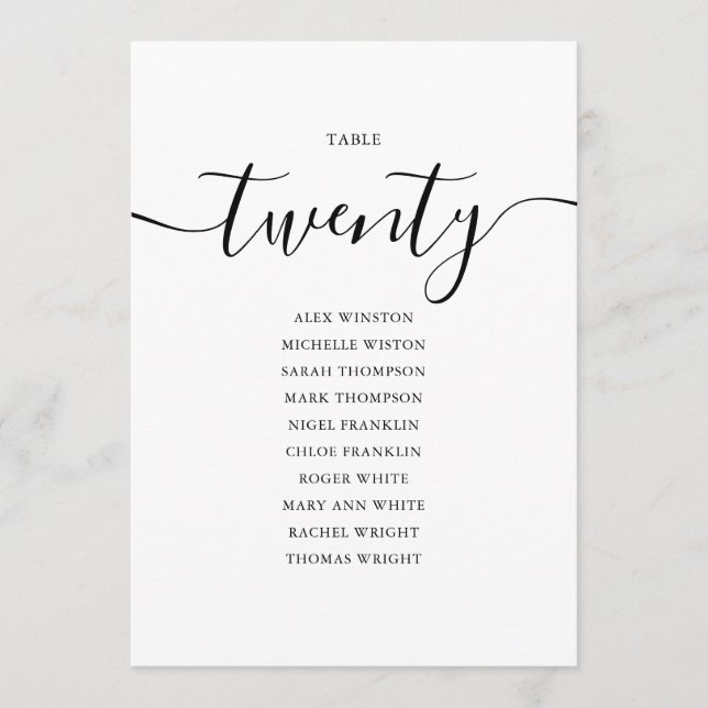 Elegant Black Script Table Number 20 Seating Chart (Front)