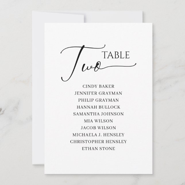 Elegant Black Script Table Number 2 Seating Chart (Front)
