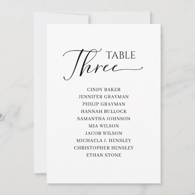 Elegant Black Script Table Number 3 Seating Chart (Front)