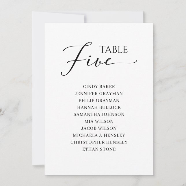 Elegant Black Script Table Number 5 Seating Chart (Front)