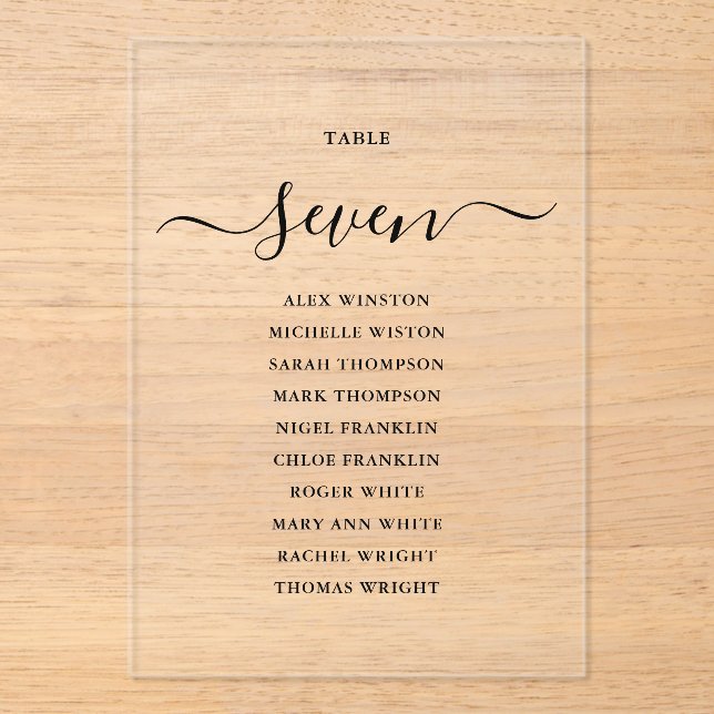 Elegant Black Script Table Number Seating Chart (Front)
