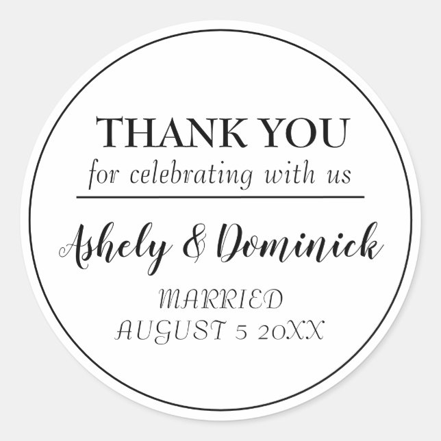 Elegant Black Script Thank You Wedding Favour  Classic Round Sticker (Front)