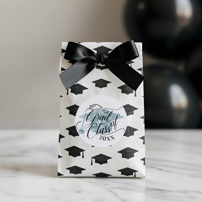 Elegant Black Script Typographic Blue Grad Cap Classic Round Sticker (Elegant Black Script Typographic Blue Grad Cap Classic Round Sticker)