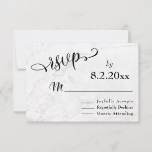 Elegant Black Script w/ White Marble, Wedding RSVP Card