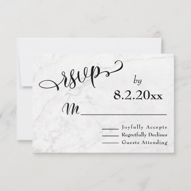 Elegant Black Script w/ White Marble, Wedding RSVP Card (Front)