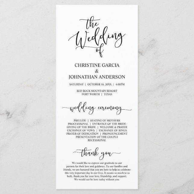 Elegant Black Script, Wedding Ceremony Programme (Front)