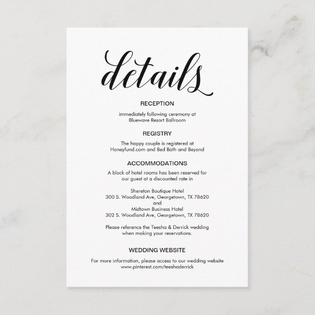 Elegant Black Script, Wedding Details Information Enclosure Card (Front)