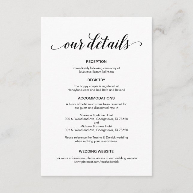 Elegant Black Script, Wedding Details Information Enclosure Card (Front)